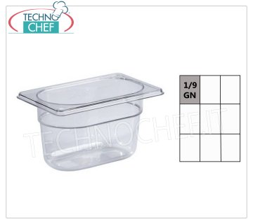 Gastronorm GN 1/9 pan in polycarbonate Gastronorm 1/9 basin in polycarbonate, capacity 0.9 litres, dim.mm.176 x 108 x 65 h