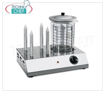 TECHNOCHEF - Hot Dog Machine with 4 Punches and Würstel warming cylinder, Mod.HOTDOGY09 / 4 Hot Dog Machine with 4 PUNCHES Warmers and cylinder Würstel steam heater, capacity 30 frankfurters, Adjustable power with simostat, V.230 / 1, Kw.0,6, Weight 9.5 Kg, dim.mm.450x320x365h