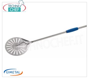 Gi-Metal - Stainless steel perforated pizza peel, Blue Line, handle length 150 cm Perforated pizza peel in stainless steel, Linea Azzurra, light, smooth and resistant, diameter 170 mm, handle length 1500 mm.