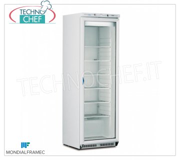 MONDIAL FRAMEC - Freezer-Freezer Cabinet 1 glass door, 360 l, Class D, Mod.ICEPLUSN40 Freezer-Freezer Cabinet 1 glass door, external structure in white steel sheet, capacity 360 l, temperature -15°/-25°C, STATIC with FIXED GRIDS EVAPORATOR with FROST CATCHER, Class D, V.230/1, Kw 0,52, Weight 95 Kg, dim.mm.600x620x1880h