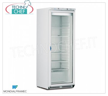 MONDIAL FRAMEC - Freezer-Freezer Cabinet 1 glass door, 580 l, Class E, Mod.ICEPLUSN60 Freezer-Freezer Cabinet 1 glass door, external structure in white steel sheet, capacity 580 l, temperature -15°/-25°C, STATIC with FIXED GRIDS EVAPORATOR with FROST CATCHER, Class E, V.230/1, Kw 0,82, Weight 125 Kg, dim.mm.775x740x1880