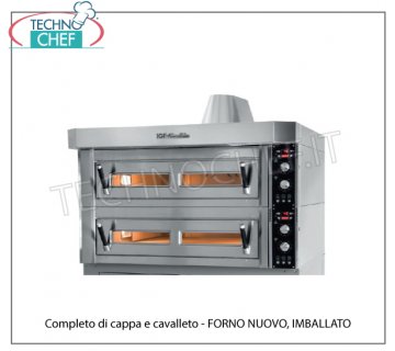 ELECTRIC PIZZA OVEN for 6 + 6 Pizzas of 35 cm, 2 Independent Chambers + Hood - SEMI-NEW - OPPORTUNITY PRICE Electric pizza oven for 6 + 6 pizzas of 35 cm, Professional, 2 independent cooking chambers of 105x72 cm with refractory base, complete with hood and support stand, V. 380/3 + N - Kw 11.5 - dim cm 145x94x172h