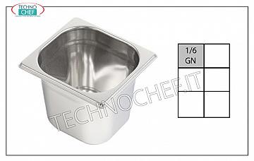 Gastronorm GN 1/6 containers in stainless steel Gastro-norm 1/6 tray, 18/10 stainless steel, Capacity lt. 1,6, dim.mm. 176 x 162 x 100 h