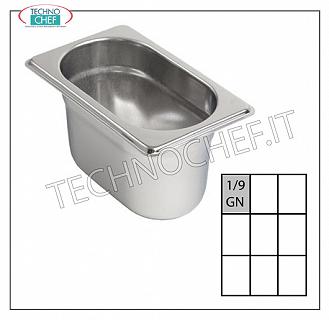 Gastronorm GN 1/9 containers in stainless steel Gastro-norm 1/9 tray, 18/10 stainless steel, Capacity lt. 0,6, dim. Mm.176 x 108 x 65 h