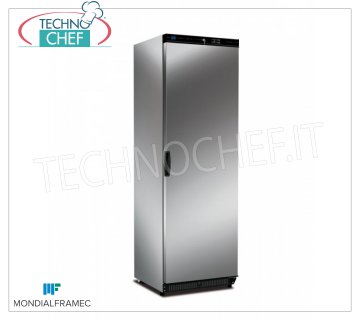 MONDIAL FRAMEC - 1 Door Refrigerator Cabinet, 380 l, Professional, Class D, Mod.KICPVX40MLT 1 Door Refrigerator Cabinet, MONDIAL FRAMEC, external structure in AISI 430 stainless steel sheet, capacity 380 litres, temperature -2°/+10°C, ventilated with finned pack evaporator, Class D, V. 230/1, Kw. 0,16, Weight 84,50 Kg, dim.mm.600x620x1872h