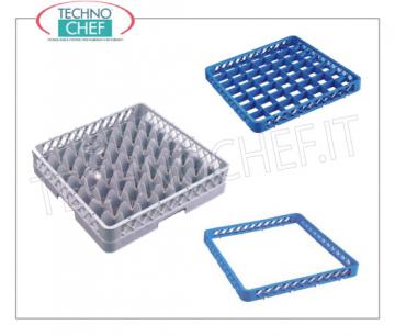 MODULAR BASKET FOR GLASSES with 49 Compartments MODULAR BASKET FOR GLASSES with 49 Compartments, suitable for WASHING and STORAGE of Glasses with Max Diameter of 62 mm, can be equipped with RIALZI, dimensions mm 500x500x103h