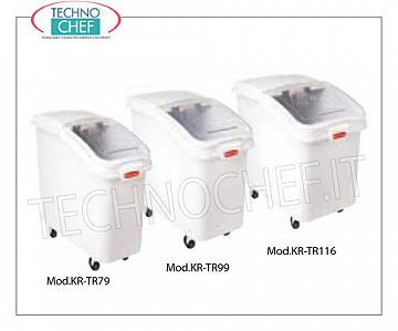Hopper on wheels for flour and sugar Bottom box in white polyethylene, with transparent polycarbonate sliding cover and pallet, capacity lt.79, dim.mm.740x335x710h