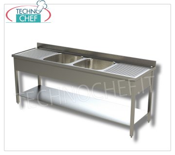 Professional stainless steel sink with 2 CENTRAL bowls and 2 drainers, Line 600 Sink with 2 CENTRAL bowls (50x40x25h cm) and 2 drainers, paneled version with lower shelf, dimensions 2000x600x850h mm