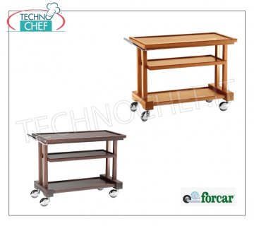 Wooden service trolleys Solid wood service trolley, FORCAR brand, 3 shelves in WALNUT-stained plywood, 4 swivel wheels diam. 100 mm, dim.mm.810x550x820h
