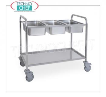 Trolleys for separate waste collection Stainless steel trolley 18/10 with top for 3 gastro-norm 1/1 basins (not included), 2 removable bottom shelves, dim.mm 1120x620x940h