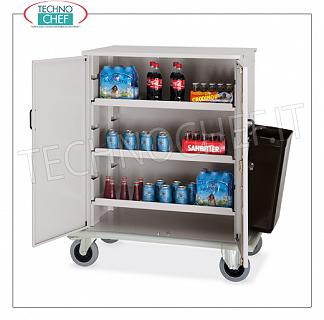 Trolleys for Bar and Minibar refueling CART for REFURBISHING BAR and MINIBAR CUPBOARD with 2 HINGED DOORS, 3 INTERMEDIATE SHELVES adjustable in height, side tray for empty collection, push handle and bumper perimeter, dim.mm.1000x620x1190h