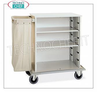 Laundry trolleys - cleaning on hotel floors DOOR CABINET A DAY, with 2 INTERMEDIATE SHELVES adjustable in height, and on 1 side FRAME with LINEN BAG, perimeter bumpers, on 4 wheels (2 fixed and 2 swivel), dim.mm.1000x620x1180h