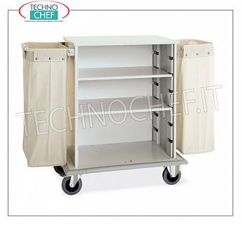 Laundry trolleys - cleaning on hotel floors DOOR CABINET A DAY, with 2 INTERMEDIATE SHELVES adjustable in height, and on 2 sides FRAME with LINEN BAG, perimeter bumpers, on 4 wheels (2 fixed and 2 swivel), dim.mm.1000x620x1180h