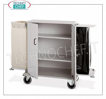 Laundry trolleys - cleaning on hotel floors CLOSED FLAT WALLET with 2 SWING DOORS, 2 INTERMEDIATE SHELVES adjustable in height, and on the sides FRAME with LINEN BAG and FRAME for WASTE BAG, perimeter bumpers, on 4 wheels (2 fixed and 2 swivel), dim.mm.1000x620x1180h