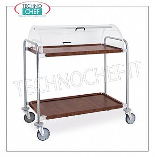 Trolleys for desserts and wooden cheeses Trolley with semi-cylindrical dome open on the 2 sides, 2 wooden shelves covered with wood similar to mm.900x520, structure in chromed steel tube, dim.mm 1090x590x1220h