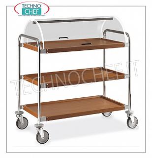 Trolleys for desserts and wooden cheeses Trolley with semi-cylindrical dome open on the 2 sides, 3 shelves in steel covered with woodlike mm.900x520, structure in chromed steel tube, dim.mm 1090x590x1220h