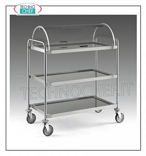Trolleys for desserts and wooden cheeses Trolley with semi-cylindrical dome open on 2 sides, 3 shelves in 18/10 stainless steel from 900x520 mm, structure in stainless steel tube, dim.mm 1090x590x1220h
