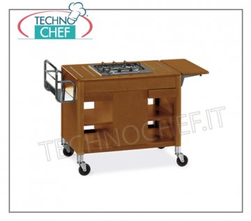 Technochef - FLAMBE TROLLEY in wood with 2 BURNERS in line, Mod.6400 Flambe cart in wood with 2 burners in line, bottle rack, side ribatina, central compartment bottle holder, shelves and drawers, dimensions 1180x550x810h mm