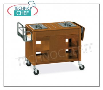 Technochef - FLAMBE 'wooden TROLLEY, 2 SEPARATE BURNERS, Mod.6402 Wooden flambe trolley with 2 separate burners, bottle rack, side flap, central compartment for cylinder, tops and drawers, dim. mm 1180x550x810h