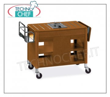 Technochef - FLAMBE TROLLEY in wood, 1 central FIRE, Mod.6404 Wooden flambe trolley with 1 central fire, bottle rack, side flap, central compartment for cylinder, tops and drawers, dim. mm 1180x550x810h