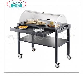 Trolleys for desserts and cheeses Trolley for sweets, cheeses and hors d'oeuvres in lacquered wood in the standard colours, with 2 shelves, plexiglass dome, retractable sliding plate rack, max capacity Kg.30, dim.mm.1000x560x1100h