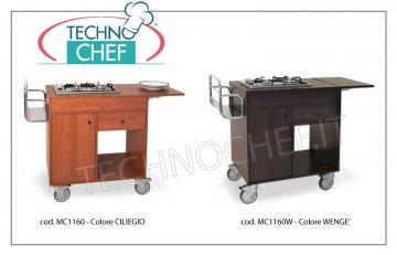 Metalcarrelli - FLAMBE TROLLEY with 2 FOCUSES in LINE, Cherry color, mod. 1160 Flambe trolley with 2 burners in Line, Bottle rack, Side flap, cutlery drawer, cylinder compartment with door, cherry color, dim. mm 980x500x800h