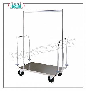 Technochef - CLOTHES AND LUGGAGE TROLLEYS with COAT HANGERS and 2 sides, art. 1795 Clothes trolley and luggage rack, top in AISI 304 18/10 stainless steel sheet, brushed finish, clothes hanger structure in chromed steel tube, gray rubber bumper rings at the corners, dim cm. 111x57x153h