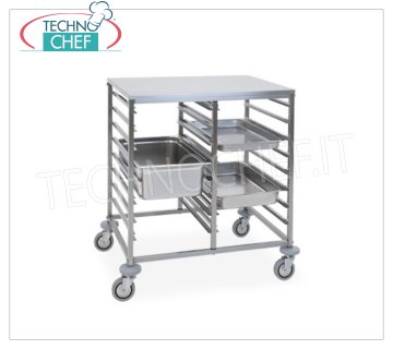 TECHNOCHEF - TROLLEY for 8 + 8 TRAYS GN 1/1 with STAINLESS STEEL TOP, Mod.2073D TRAY RACK TROLLEY with STAINLESS STEEL SUPPORT TOP, with Anti-tip Rails '' C '' for 8 + 8 TRAYS GN 1/1 (mm 530x325), dim.mm.800x600x890h