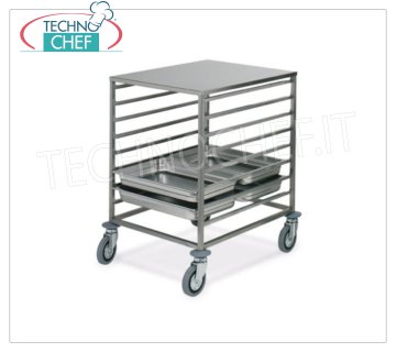 TECHNOCHEF - TROLLEY for 8 GN 2/1 TRAYS with TOP STAINLESS STEEL, Mod.2074 TRAY RACK TROLLEY with STAINLESS STEEL SUPPORT TOP, with Anti-tip Rails '' C '' for 8 GN 2/1 TRAYS (mm 530x650), dim.mm.650x720x850h