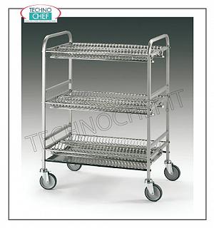 Dishware / glasses trolleys Trolley plate rack and 3-layer glasses, structure in 18/10 AISI304 stainless steel tube, stainless steel plate rack grids, removable thermoformed ABS tray, extractable drip tray, capacity 180 plates / cups