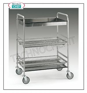 Dishware / glasses trolleys Trolley plate rack and 2-tier glasses + glass-holder basket, 18/10 AISI304 stainless steel tube frame, stainless steel plate rack grids, removable thermoformed ABS tray, extractable drip tray,