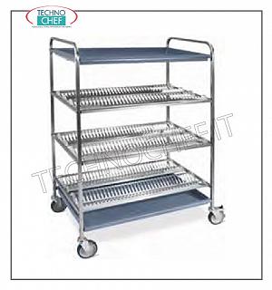 Dishware / glasses trolleys Trolley plate rack and 3-tier glasses + glass-holder basket, 18/10 AISI304 stainless steel tube frame, stainless steel plate rack grids, removable thermoformed ABS tray, extractable drip tray,