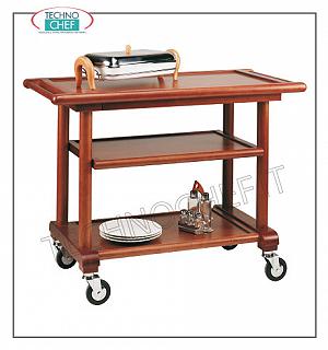 Wooden service carts 3 level hall trolley, solid beech wood structure with smooth walnut-colored turned legs, plywood tops with frames, dim cm. 110x56x83h