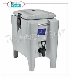 Isothermal containers for beverage distribution ISOTHERMAL POLYETHYLENE container, for maintaining hot or cold drinks, capacity 10 lt., Version with FRONT DISPENSE TAP and UPPER OPENING, Weight 5.3 Kg, dim.mm.265x450x452.5h