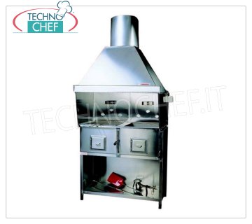 ROMAGNA GRILL - Technochef, Romagna charcoal grill / kitchen with 2 braziers Romagna charcoal grill with 2 braziers, complete with extractor hood with relative motor and black painted base support, V.230 / 1, Kw.0.75, Weight 170 Kg, dim.mm.1100x850x2360h.