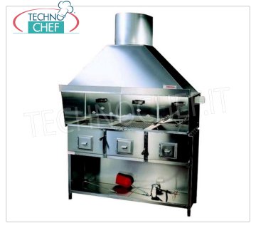 ROMAGNA GRILL - Technochef, Romagna charcoal grill / kitchen with 3 braziers Romagna charcoal grill with 3 braziers, complete with extractor hood with relative motor and base support Painted Black, V.230 / 1, Kw.0.75, Weight 200 Kg, dim.mm.1620x850x2410h.