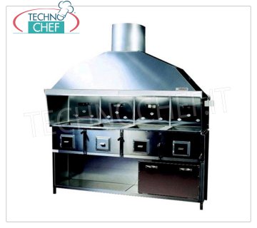 ROMAGNA GRILL - Romagna charcoal grill/cooker with 4 braziers Romagna charcoal grill with 4 braziers, complete with extractor hood with relative motor, stainless steel base support and wooden cage, V. 380/3, Kw.0.55, Weight 230 Kg, dim.mm.2150x850x2410h.