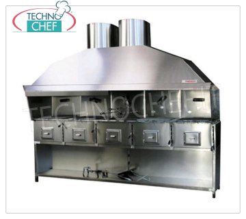 ROMAGNA GRILL - Technochef, Romagna charcoal grill / kitchen with 5 braziers Romagna charcoal grill with 5 braziers, complete with extractor hood with relative motor and support Base INOX, V.230 / 1, Kw.0.75, Weight 300 Kg, dim.mm.2670x850x2410h.