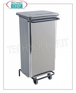 Stainless steel waste bins Bright stainless steel dustbin on wheels, lid with pedal opening, 110 liters, dim.mm.480x420x965h