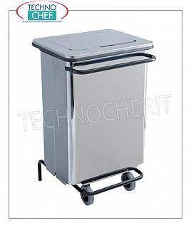 Stainless steel dustbins Bright stainless steel waste bin on wheels, lid with pedal opening, 70 litres, dim.mm.480x420x755h