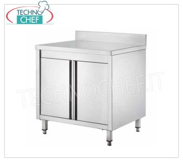 STAINLESS STEEL CABINET TABLE with SWING DOORS and UPSTAND, with depth of 60 and 70 cm Stainless steel cabinet table with hinged doors and backsplash, dim.mm.600x600x850h