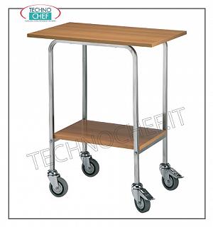 Wooden service carts Gueridon trolley with stainless steel uprights, melamine tops and 2 braking wheels, n. 2 floors, dimensions 700x450x800h