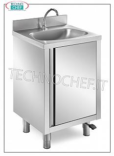 Stainless steel handrinse basin with hinged door and pedal control Stainless steel washbasin on cabinet with hinged door, semicircular basin, complete with: pedal control with dispenser, dimensions mm. 500x400x850h