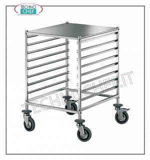 Trolleys for 8 trays or Gastronorm basins 2/1 or 16 GN 1/1 trays Trolley with 8 Anti-rollover guides for 8 Gastro-Norm 2/1 trays (530x650 mm) - or 16 Gastro-Norm 1/1 trays (325x530 mm) with shelf, dim. mm 690x600x880h