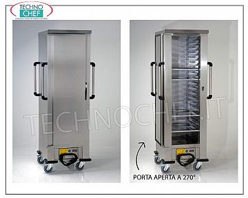 Temperature maintainer, HOT trolley, Temp. from +30° to +90°C. , Ventilated for 18 GN 1/1 containers HOT MAINTENANCE trolley with VENTILATED HEATING, Temp. adjustable from +30° to + 90°C. , 1 Door, Capacity 18 Gastro-Norm 1/1 PANS, PITCH between GUIDES 77 mm, V. 230/1, Kw 2.0, dimensions 670x790x1995h mm