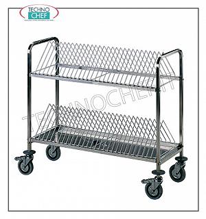 Drawer trolley with stainless steel grids for 60 trays Drawer trolley with 2 stainless steel shelves with a capacity of 60 trays, supporting structure in AISI304 stainless steel, 4 swivel wheels, 2 of which with brake, rubber bumpers, size cm. 108x45x95h