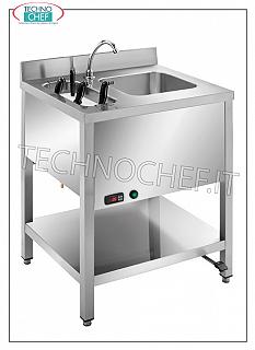 Stainless steel hand wash basin on legs with knife sterilizer and pedal control STAINLESS STEEL HANDWASHING MACHINE with IMMERSION KNIFE STERILIZER, version on legs with lower shelf, complete with FOOT CONTROL and DISPENSER, dimensions 700x500x850h mm