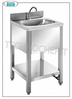 Stainless steel washbasin on legs with lower shelf and upstand, complete with pedal control Stainless steel washbasin on legs with lower shelf and backsplash, semicircular basin, complete with pedal control with dispenser, dimensions mm. 500x450x850h