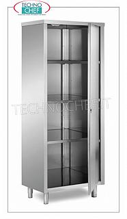 Stainless steel 304 crockery cabinet with hinged door and 3 intermediate shelves, 70 cm deep Stainless steel storage cabinet with hinged door and 3 intermediate shelves adjustable in height, dimensions 600x700x1700h mm