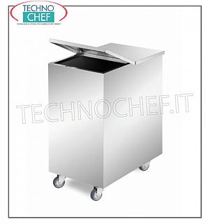 Hoppers on wheels for flour and sugar STAINLESS STEEL HOPPER, with EXTRACTABLE CENTRAL DIVIDING to form 2 COMPARTMENTS, capacity 50 + 50 liters, SQUARE CORNERS, complete with removable FOLDING LID, dimensions 375x560x700h mm